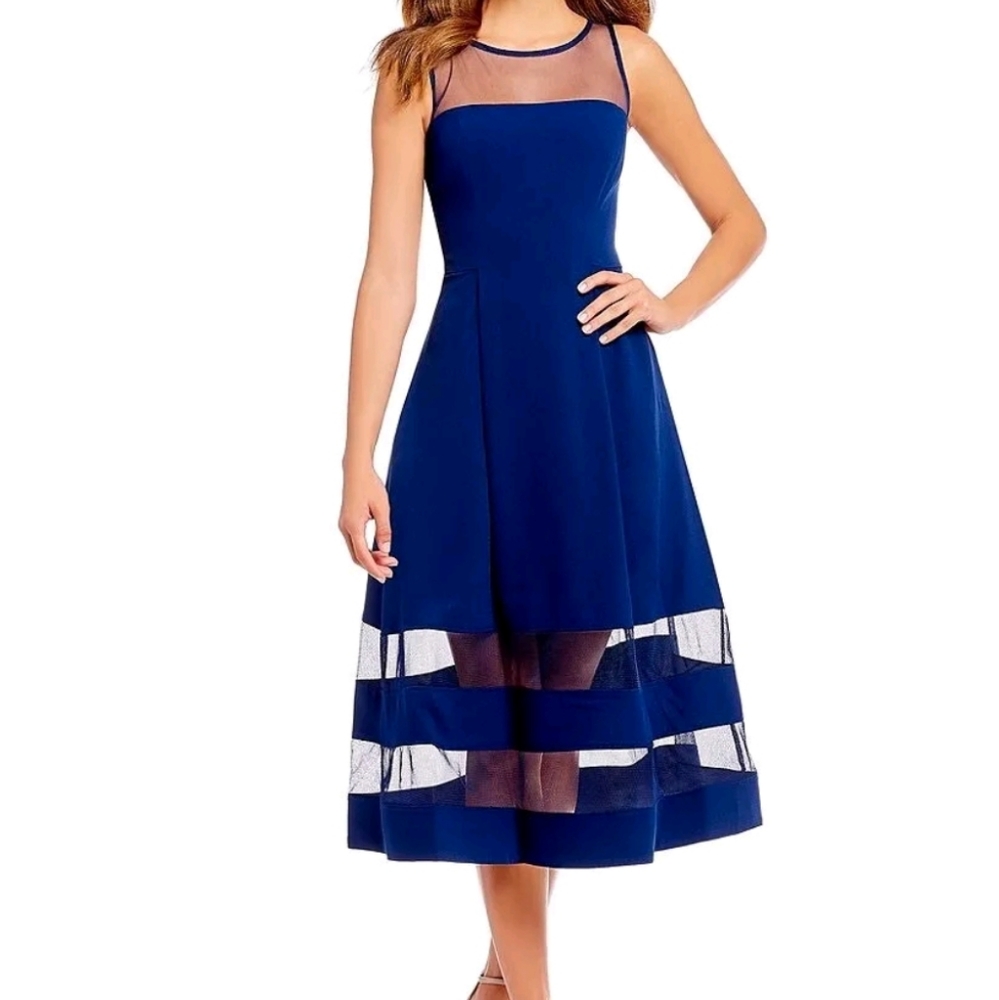 Aidan Mattox Mesh Fit & Flare Cocktail Dress Blue SIZE 6
